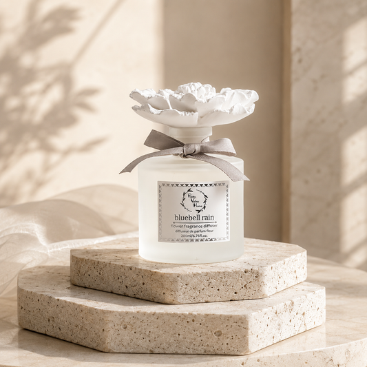 retty Valley Home White Ceramic Flower Diffuser Gift Set – Blue Rain Scent, 200ml Handmade Reed Diffuser & Elegant Home Gift for Her