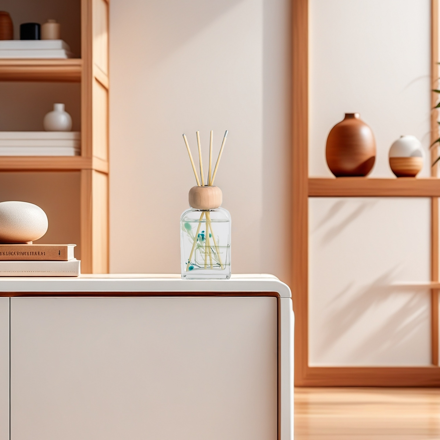 Pretty Valley Home Azure Blue Leaf Reed Diffuser Set, 3.4 fl oz – Refreshing Home Fragrance with Sticks  Oil Reed Diffuser for Bathroom Shelf & Living Room Décor