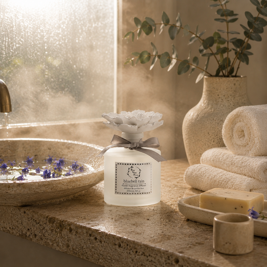 retty Valley Home White Ceramic Flower Diffuser Gift Set – Blue Rain Scent, 200ml Handmade Reed Diffuser & Elegant Home Gift for Her