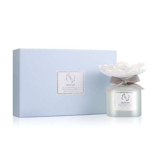 Pretty Valley Home Ceramic Marigold Flower Diffuser Set Home Fragrance Gift Box Marine (Ocean Breeze)