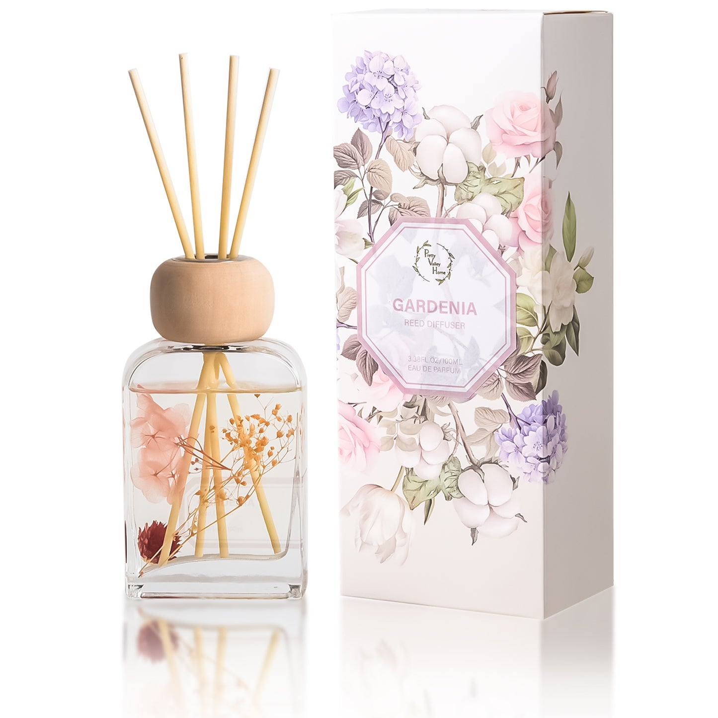 Pretty Valley Home Gardenia Reed Diffuser Set, 3.4 fl oz – Premium Home Fragrance with Sticks Scented Oil Reed Diffuser for Bathroom Shelf & Bedroom Décor