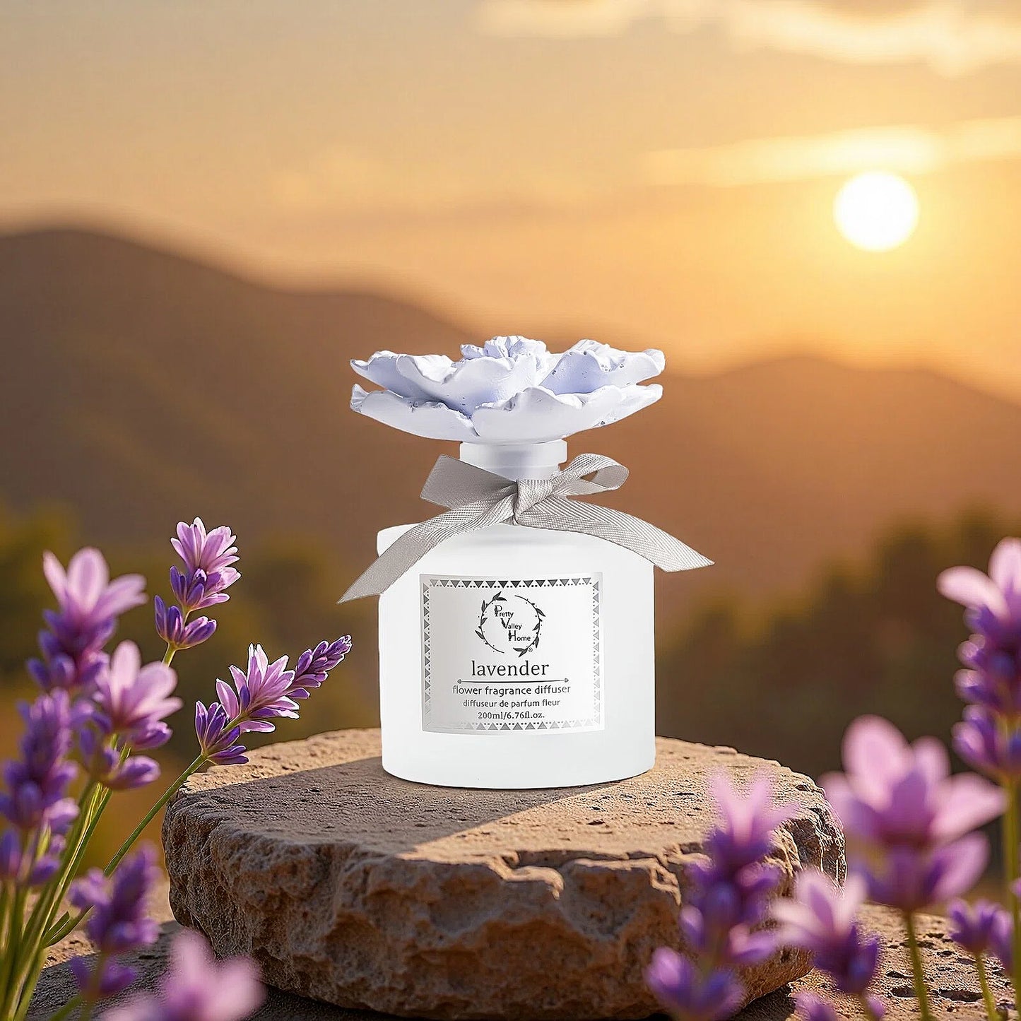 Pretty Valley Home Purple Ceramic Flower Diffuser Gift Set – Lavender Scent, 200ml Handmade Home Fragrance & Elegant Aromatherapy Gift