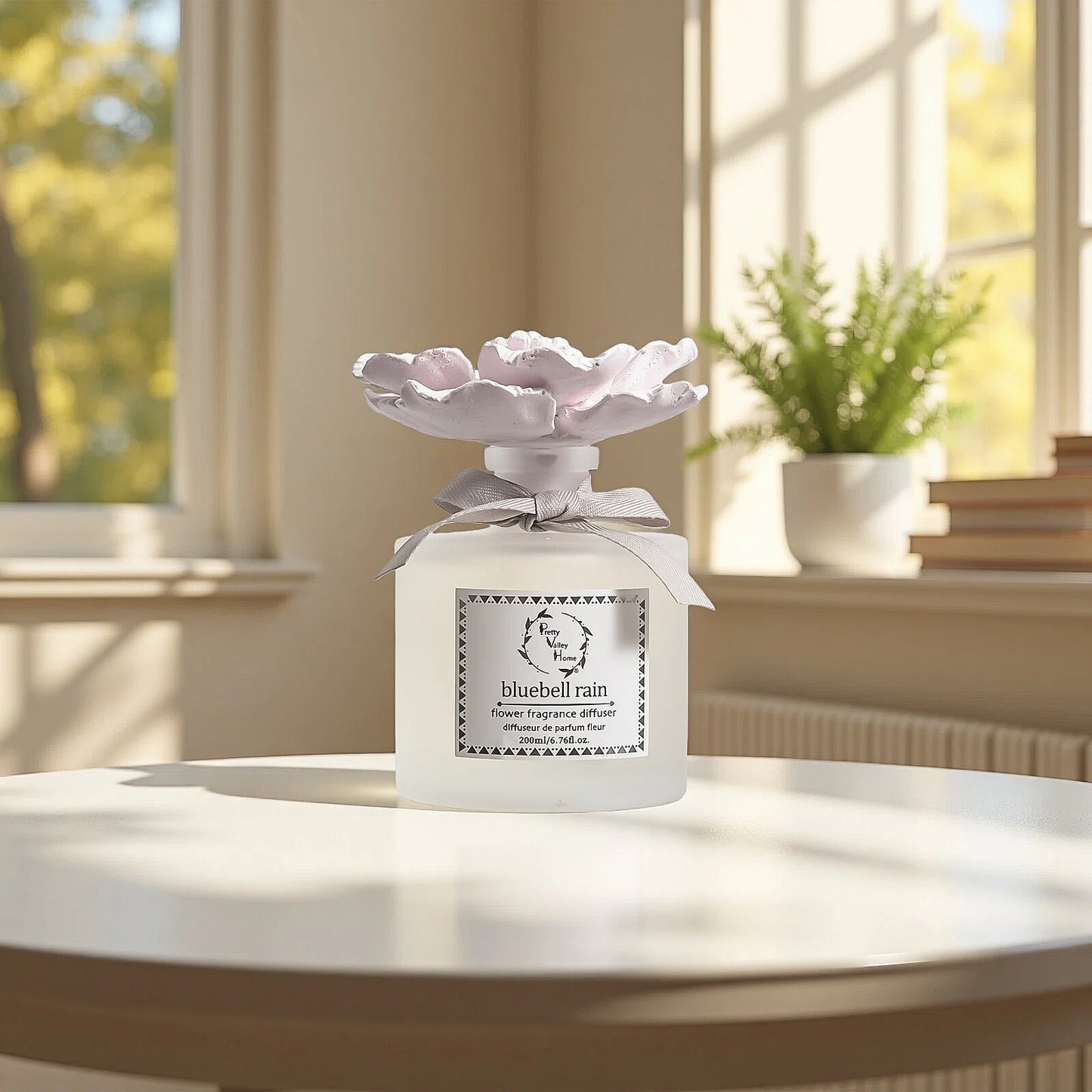 Pretty Valley Home Pink Ceramic Flower Diffuser Gift Set – Bluebell Rain Scent, 200ml Handmade Reed Diffuser for Home Décor & Perfect Gift