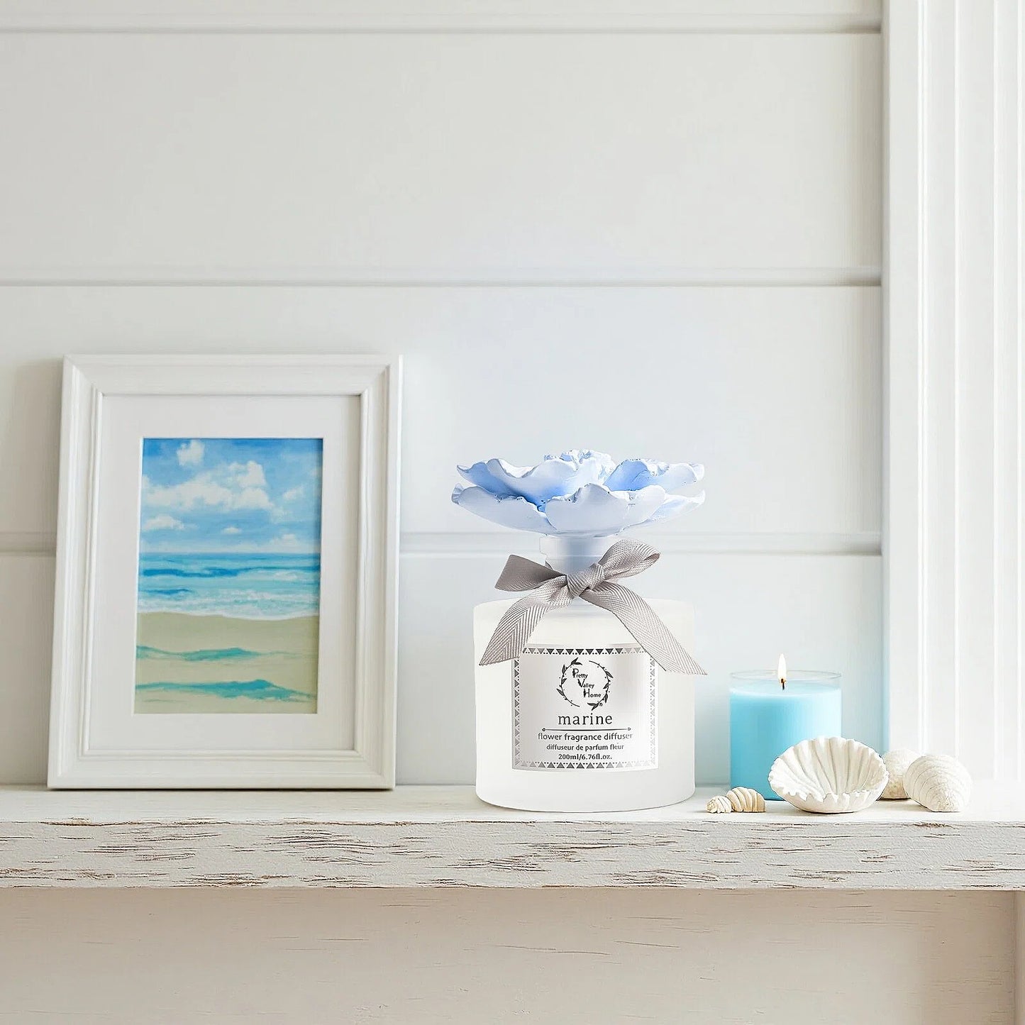 Pretty Valley Home Blue Ceramic Flower Diffuser Gift Set – Marine Scent, 200ml Handmade Home Fragrance & Ocean-Inspired Gift for Her