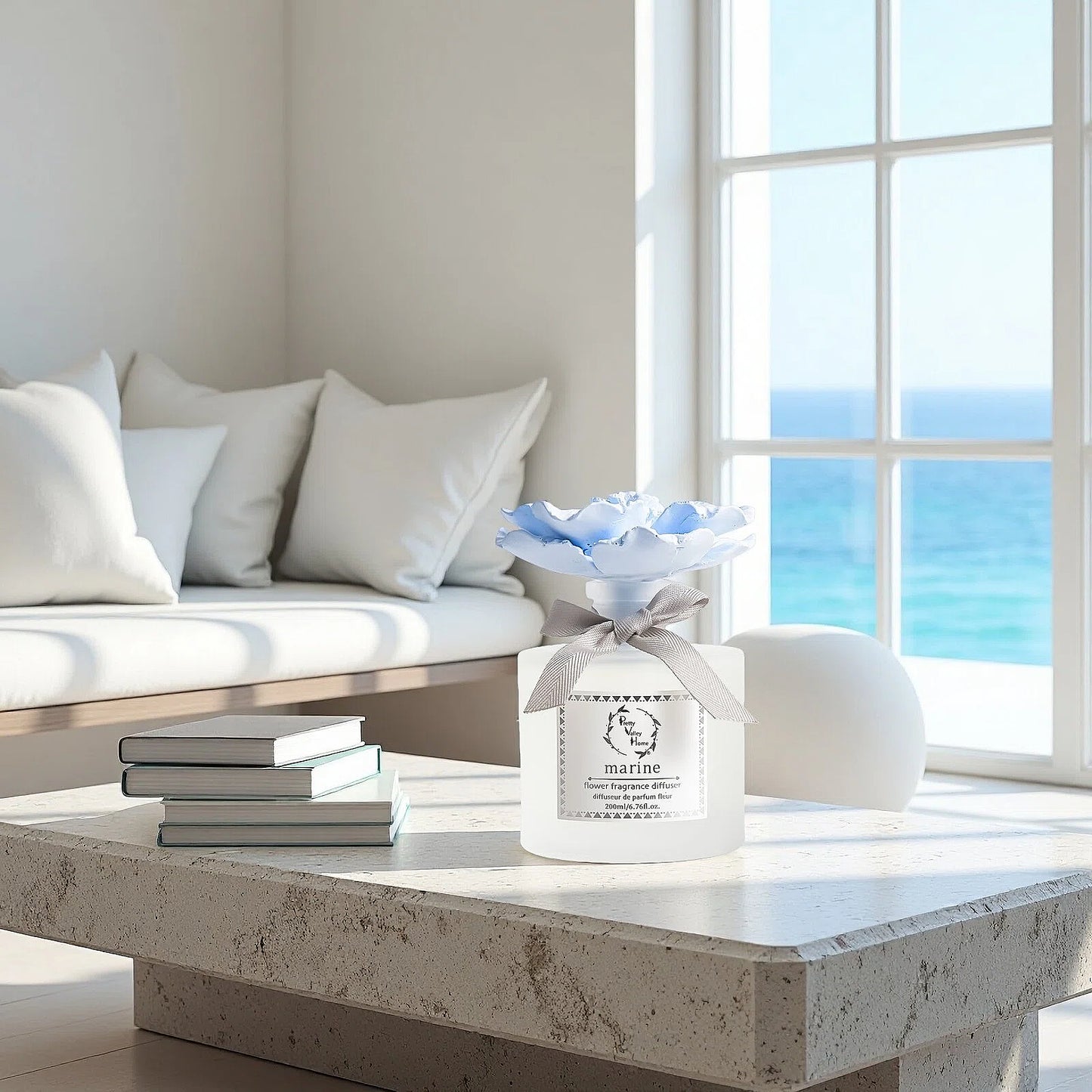 Pretty Valley Home Blue Ceramic Flower Diffuser Gift Set – Marine Scent, 200ml Handmade Home Fragrance & Ocean-Inspired Gift for Her