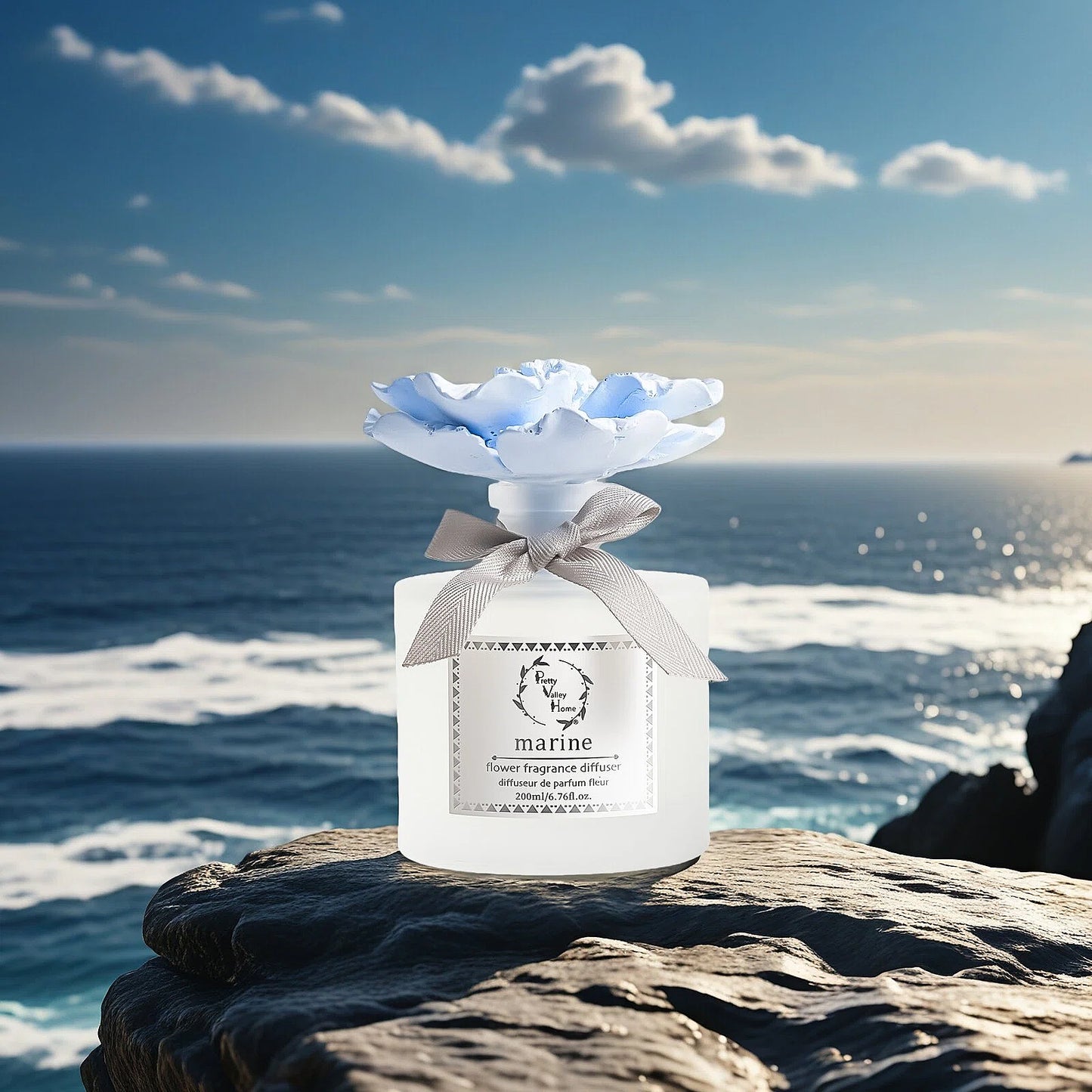 Pretty Valley Home Blue Ceramic Flower Diffuser Gift Set – Marine Scent, 200ml Handmade Home Fragrance & Ocean-Inspired Gift for Her