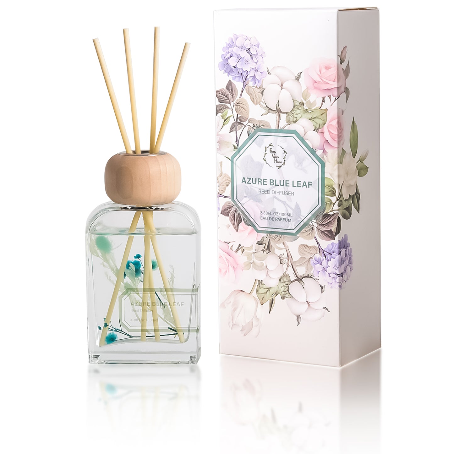 Pretty Valley Home Azure Blue Leaf Reed Diffuser Set, 3.4 fl oz – Refreshing Home Fragrance with Sticks  Oil Reed Diffuser for Bathroom Shelf & Living Room Décor