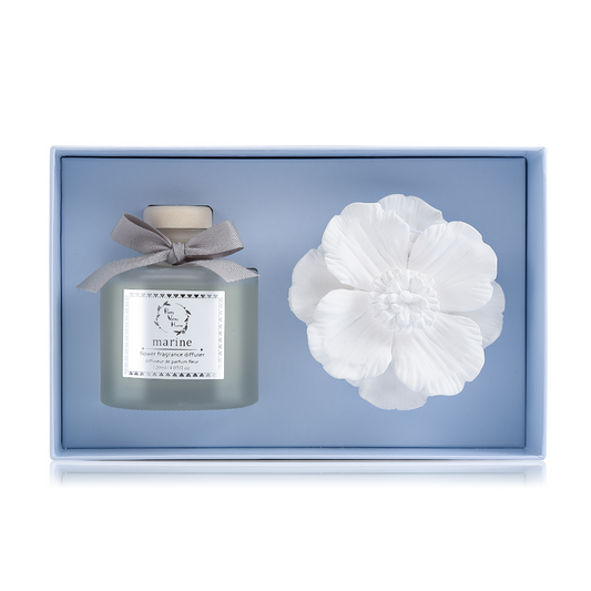 Pretty Valley Home Ceramic Marigold Flower Diffuser Set Home Fragrance Gift Box Marine (Ocean Breeze)