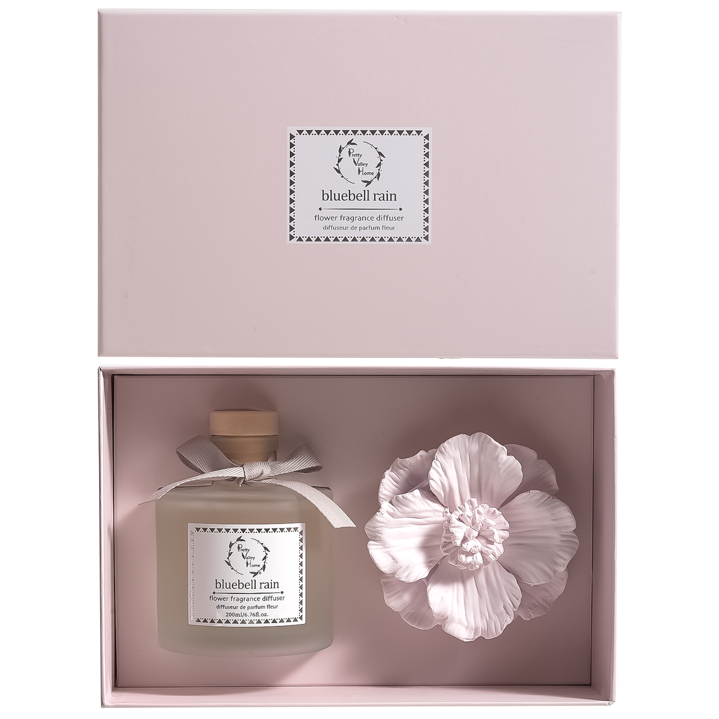 Pretty Valley Home Pink Ceramic Flower Diffuser Gift Set – Bluebell Rain Scent, 200ml Handmade Reed Diffuser for Home Décor & Perfect Gift