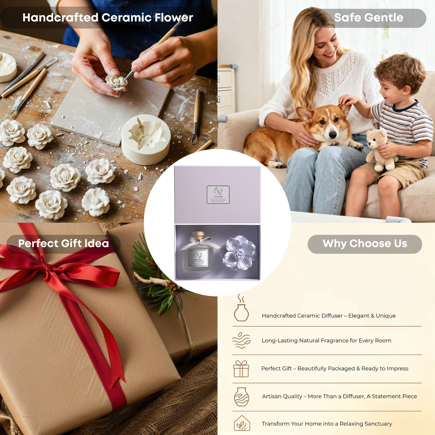 Pretty Valley Home Purple Ceramic Flower Diffuser Gift Set – Lavender Scent, 200ml Handmade Home Fragrance & Elegant Aromatherapy Gift