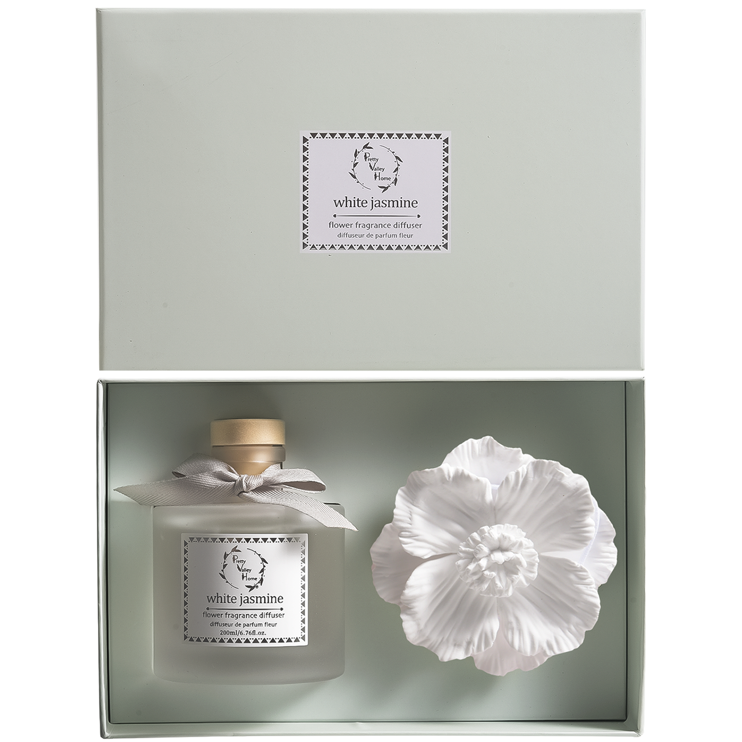 Pretty Valley Home White Jasmine Ceramic Flower Diffuser Gift Set – 200ml Handcrafted Home Fragrance with Elegant White Porcelain Bloom