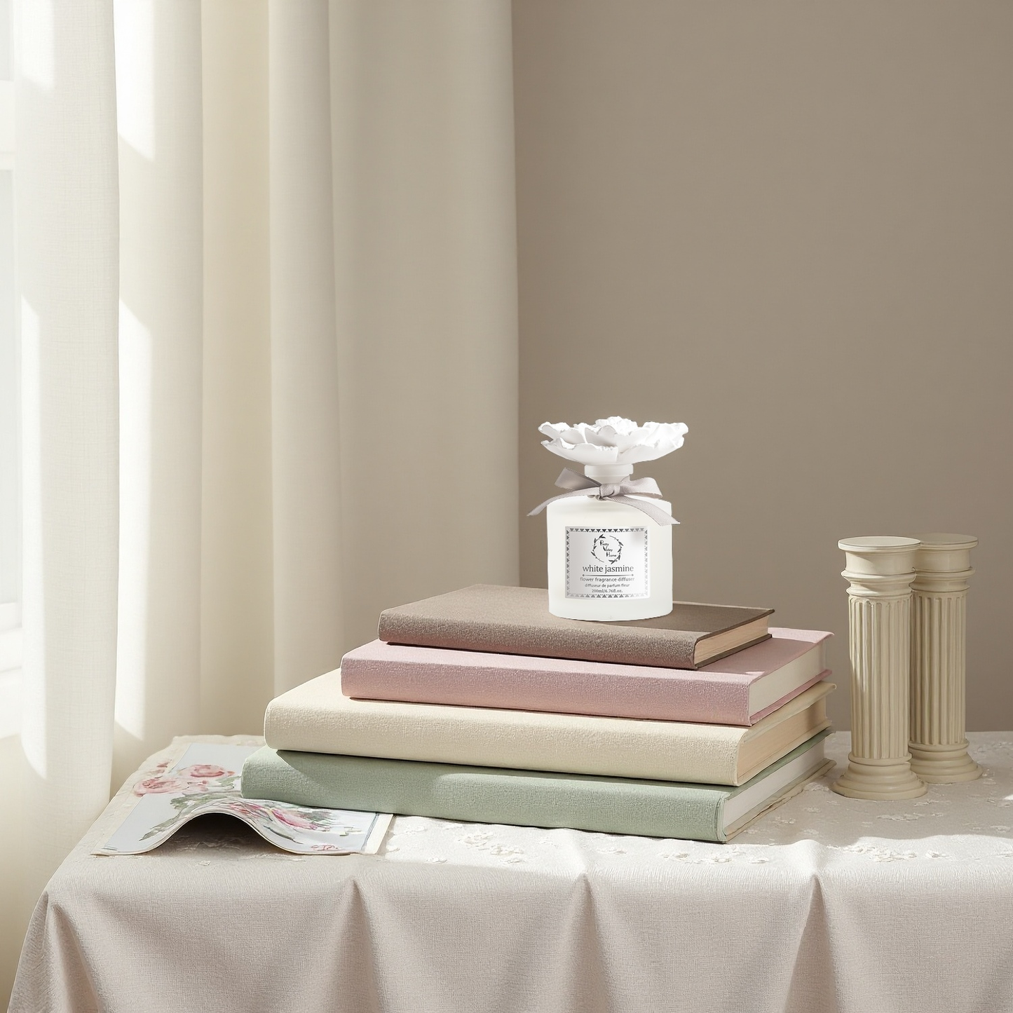 Pretty Valley Home White Jasmine Ceramic Flower Diffuser Gift Set – 200ml Handcrafted Home Fragrance with Elegant White Porcelain Bloom