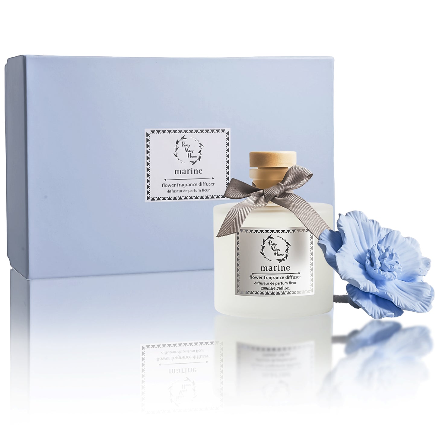 Pretty Valley Home Blue Ceramic Flower Diffuser Gift Set – Marine Scent, 200ml Handmade Home Fragrance & Ocean-Inspired Gift for Her