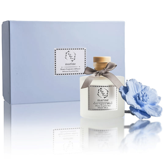 Pretty Valley Home Blue Ceramic Flower Diffuser Gift Set – Marine Scent, 200ml Handmade Home Fragrance & Ocean-Inspired Gift for Her