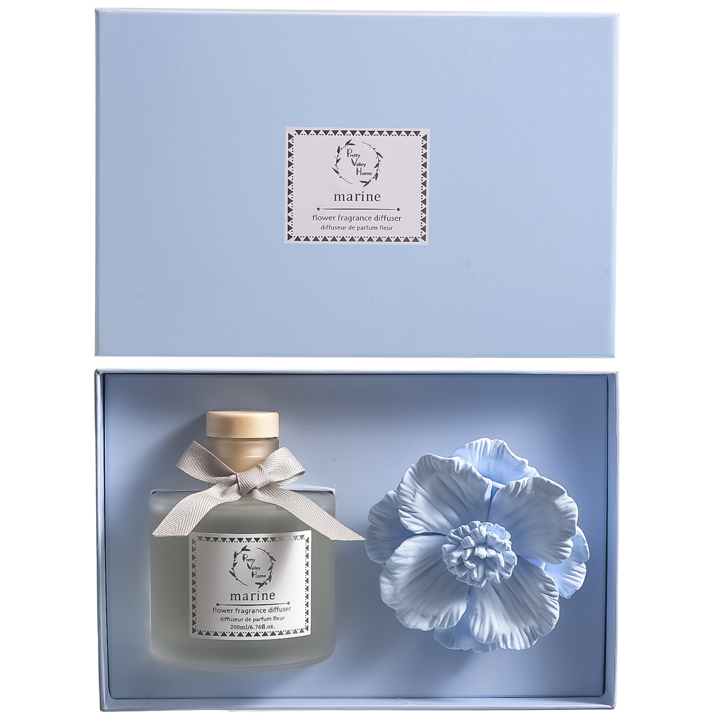 Pretty Valley Home Blue Ceramic Flower Diffuser Gift Set – Marine Scent, 200ml Handmade Home Fragrance & Ocean-Inspired Gift for Her