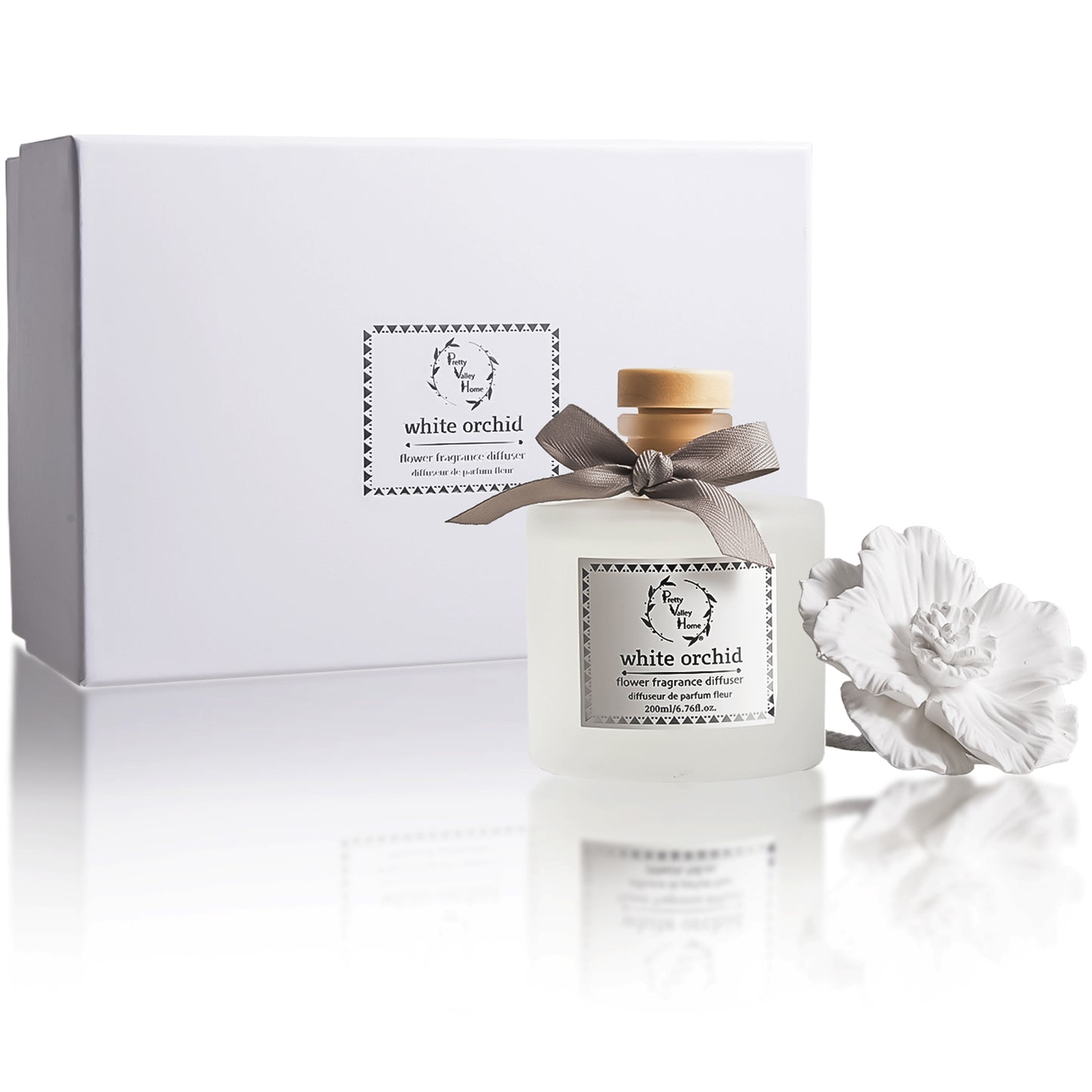 Pretty Valley Home White Ceramic Flower Diffuser Gift Set – White Orchid Scent, 200ml Handmade Home Fragrance & Luxury Gift for Her