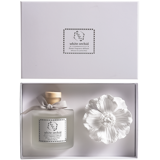 Pretty Valley Home White Ceramic Flower Diffuser Gift Set – White Orchid Scent, 200ml Handmade Home Fragrance & Luxury Gift for Her