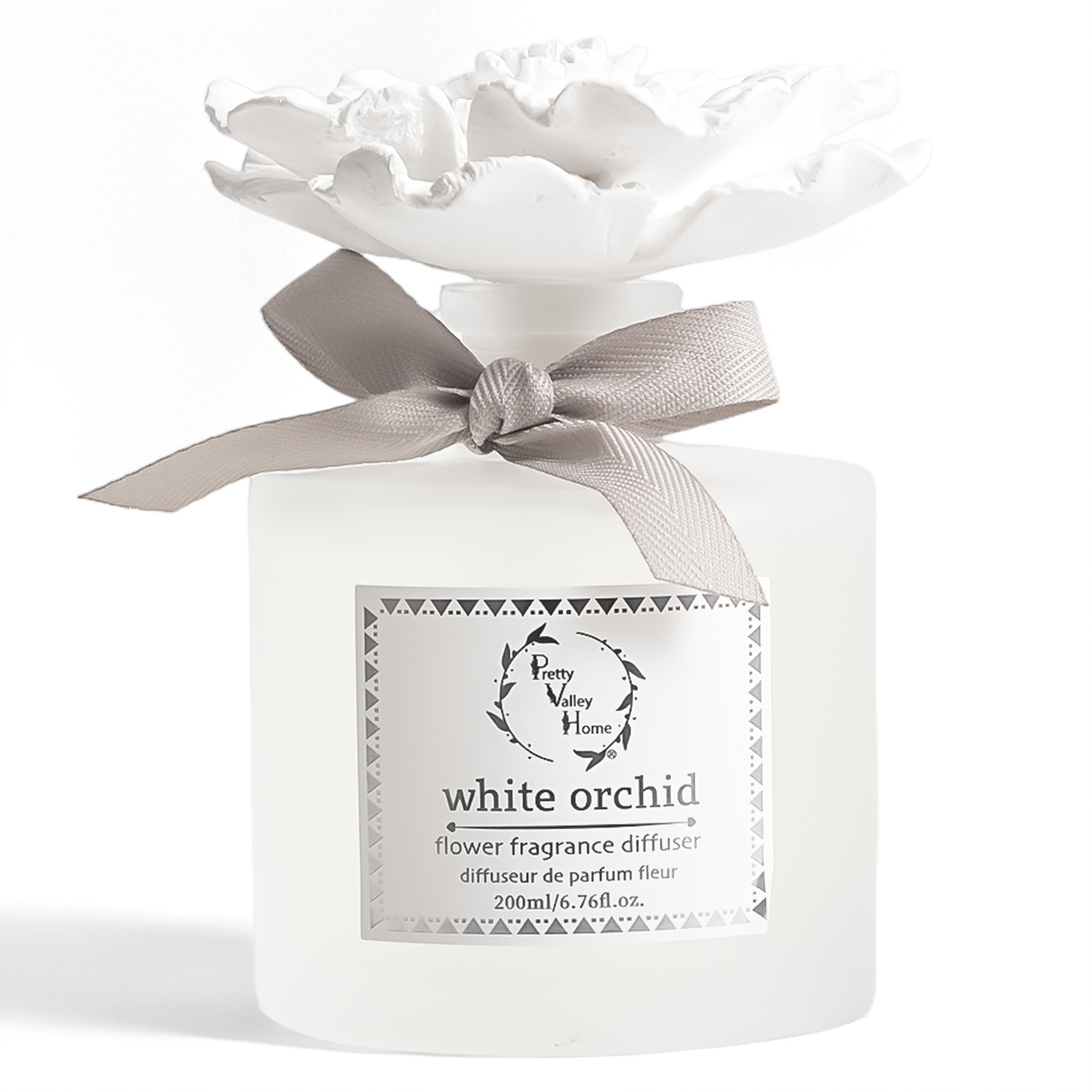 Pretty Valley Home White Ceramic Flower Diffuser Gift Set – White Orchid Scent, 200ml Handmade Home Fragrance & Luxury Gift for Her
