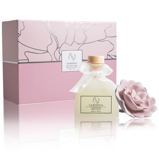 Pretty Valley Home Gardenia & Rose Ceramic Flower Reed Diffuser Gift Set – 200ml Handmade Floral Home Fragrance, Elegant Home Décor & Perfect Gift for Her