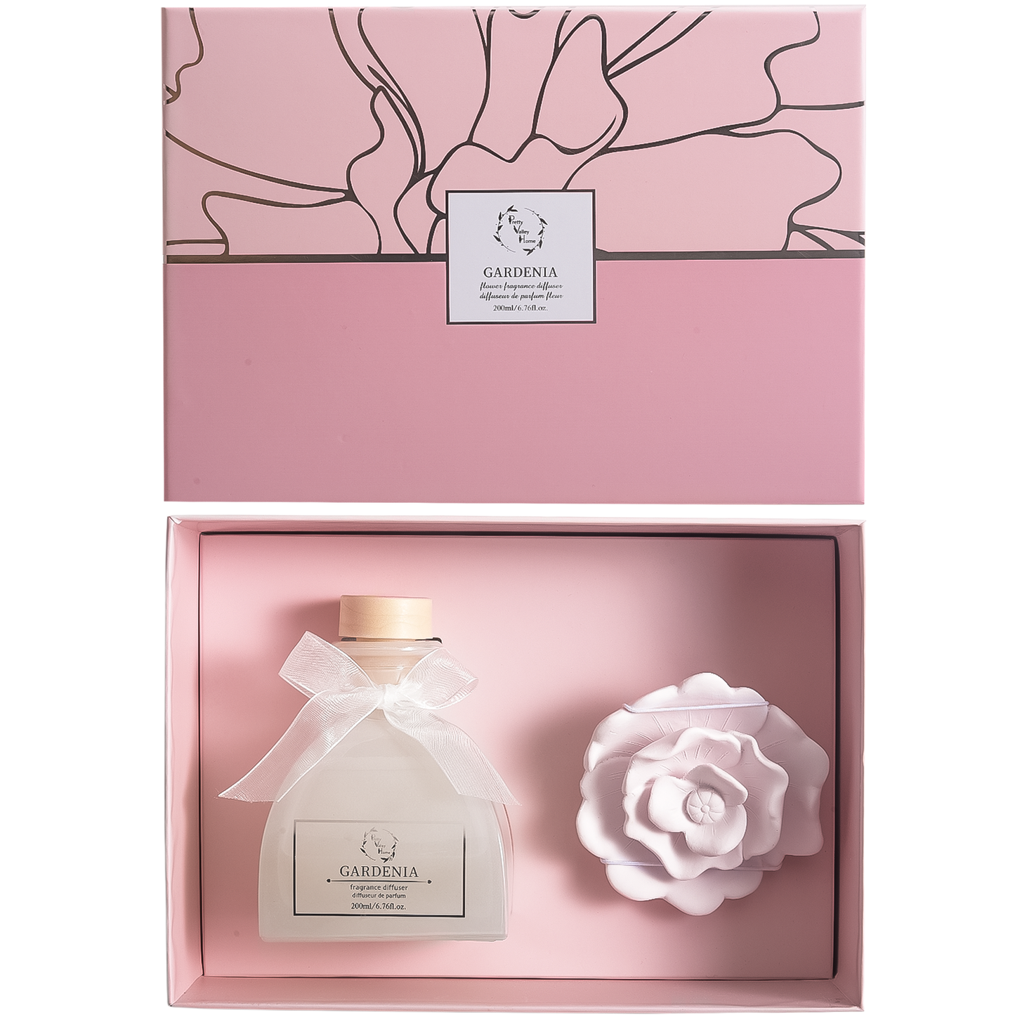 Pretty Valley Home Gardenia & Rose Ceramic Flower Reed Diffuser Gift Set – 200ml Handmade Floral Home Fragrance, Elegant Home Décor & Perfect Gift for Her