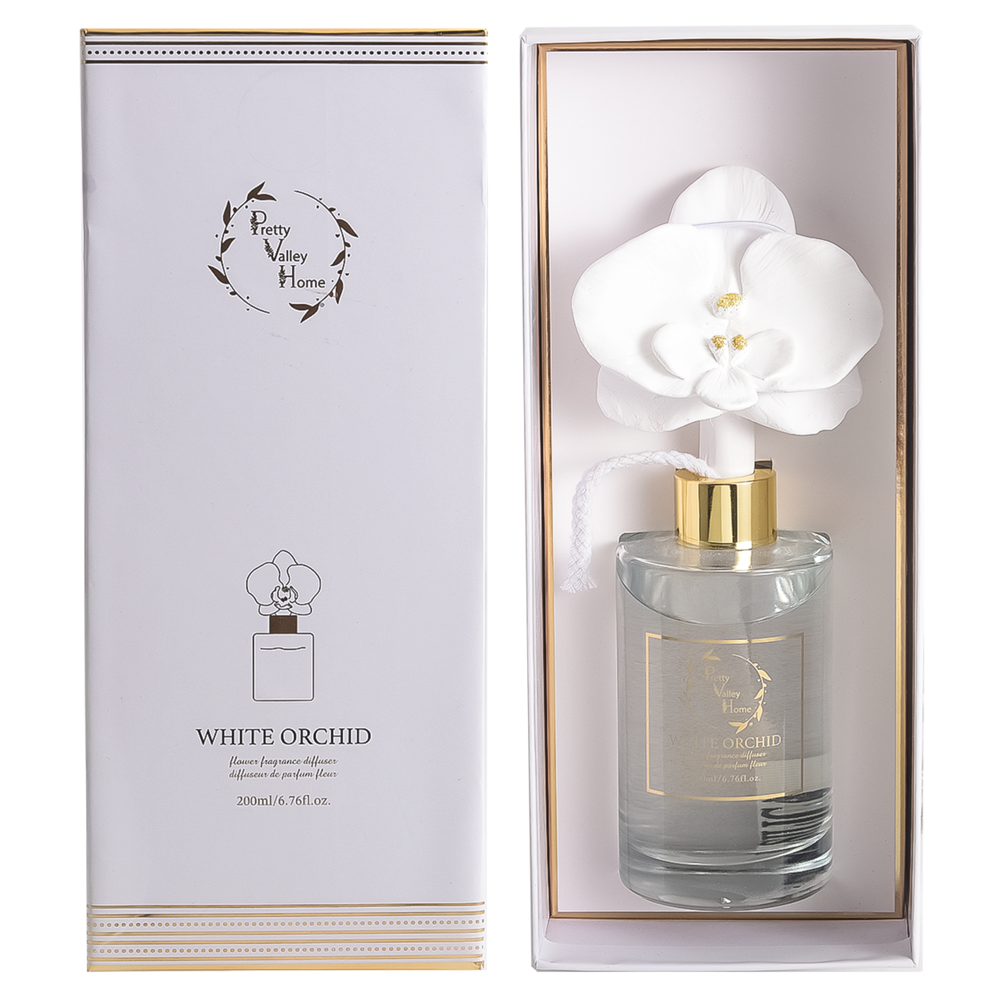 Pretty Valley Home White Orchid Ceramic Flower Reed Diffuser Gift Set – 200ml Handmade Home Fragrance, Elegant Ceramic Art & Perfect Gift for Her