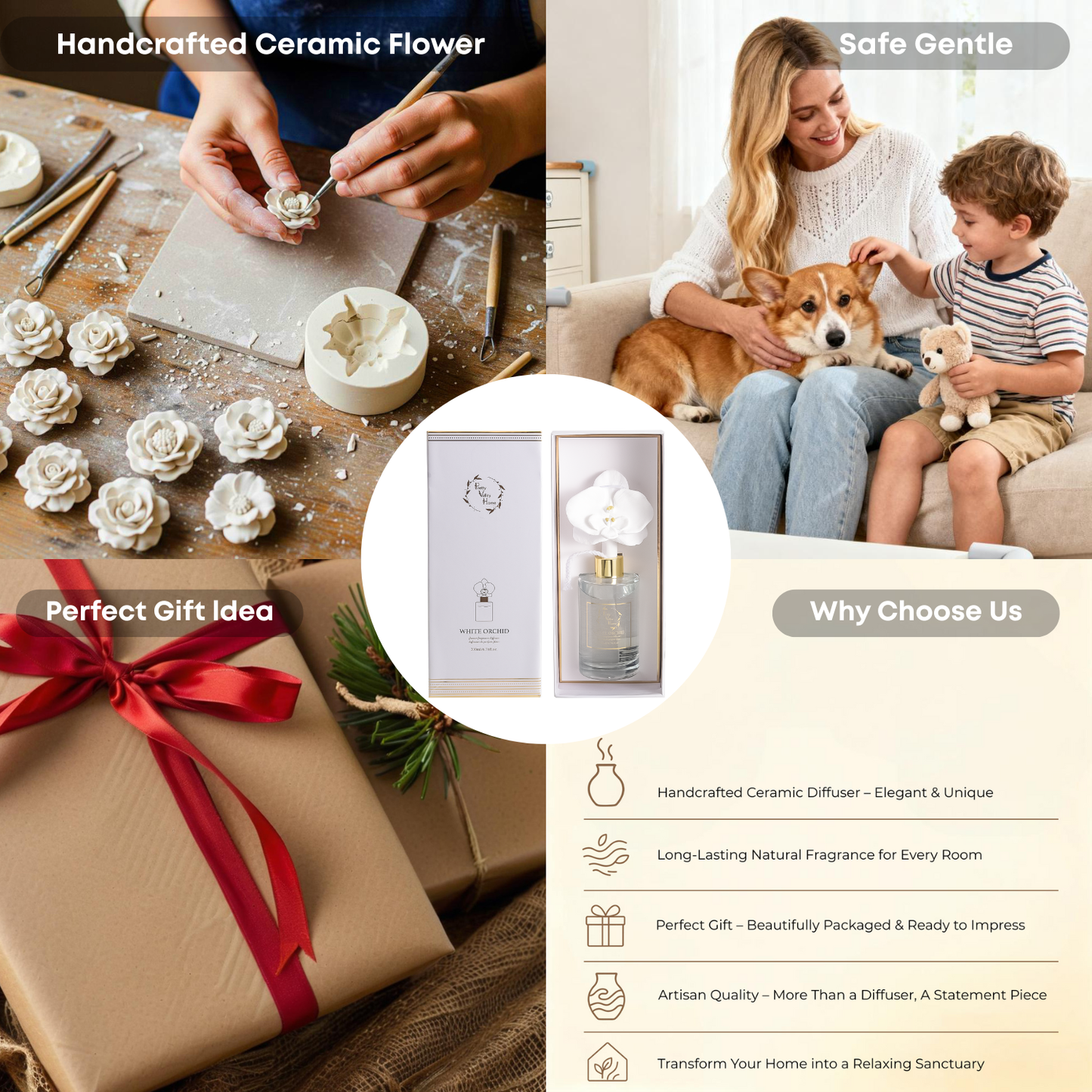 Pretty Valley Home White Orchid Ceramic Flower Reed Diffuser Gift Set – 200ml Handmade Home Fragrance, Elegant Ceramic Art & Perfect Gift for Her