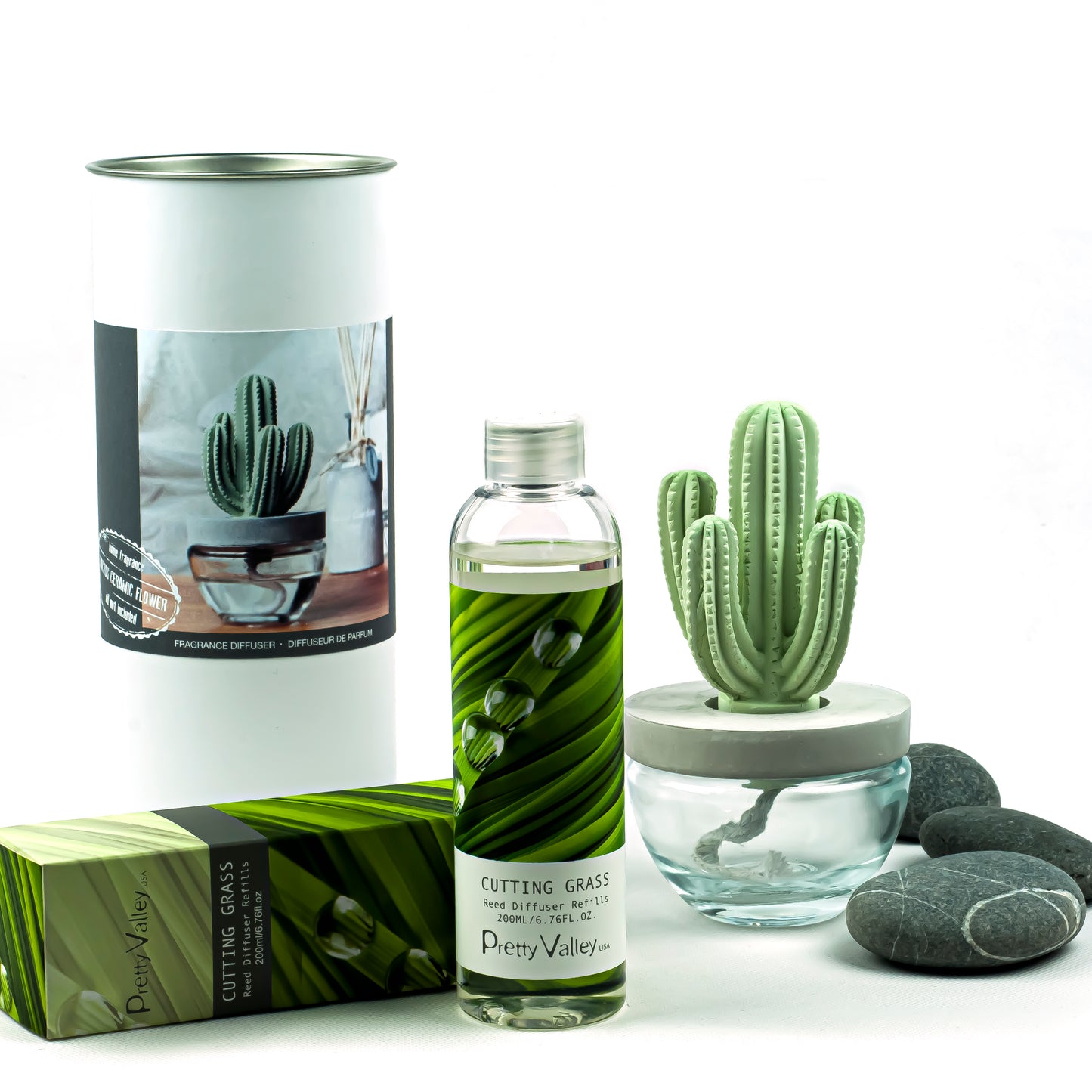 Pretty Valley Home Cactus Ceramic Flower Fragrance Diffuser Set Cutting Grass 200ml