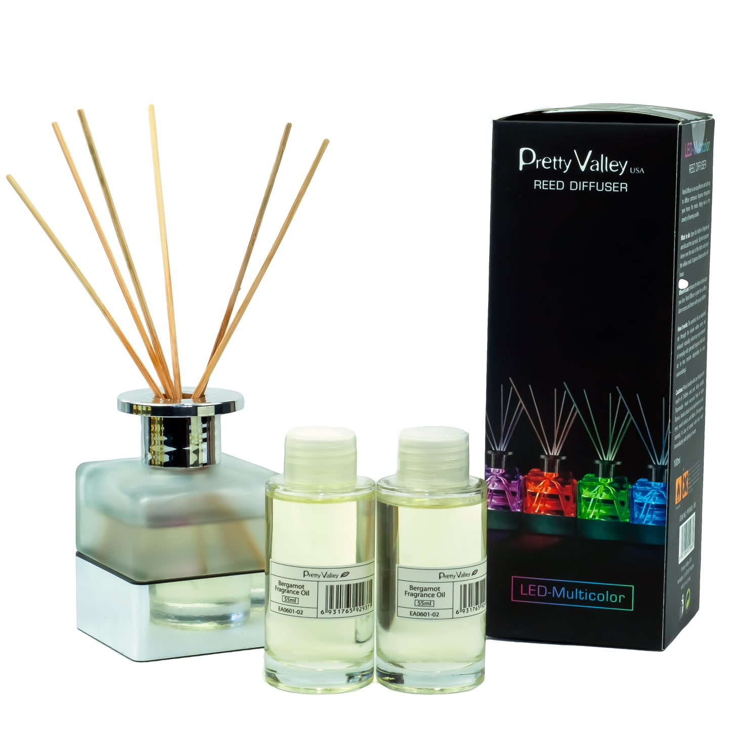 Pretty Valley Home LED Lighted Frosted Glass Reed Fragrance Diffuser Bergamot 110ml