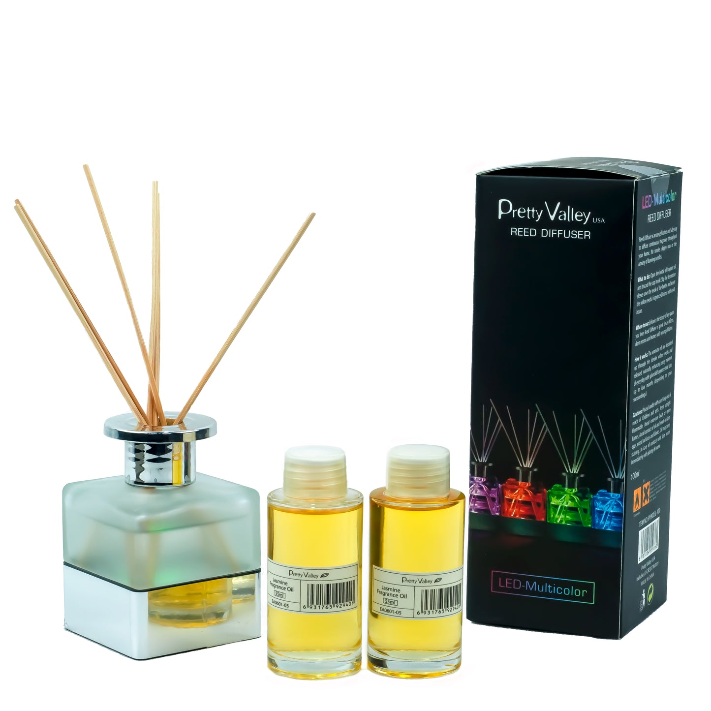 Pretty Valley Home LED Lighted Frosted Glass Reed Fragrance Diffuser Jasmine 110ml
