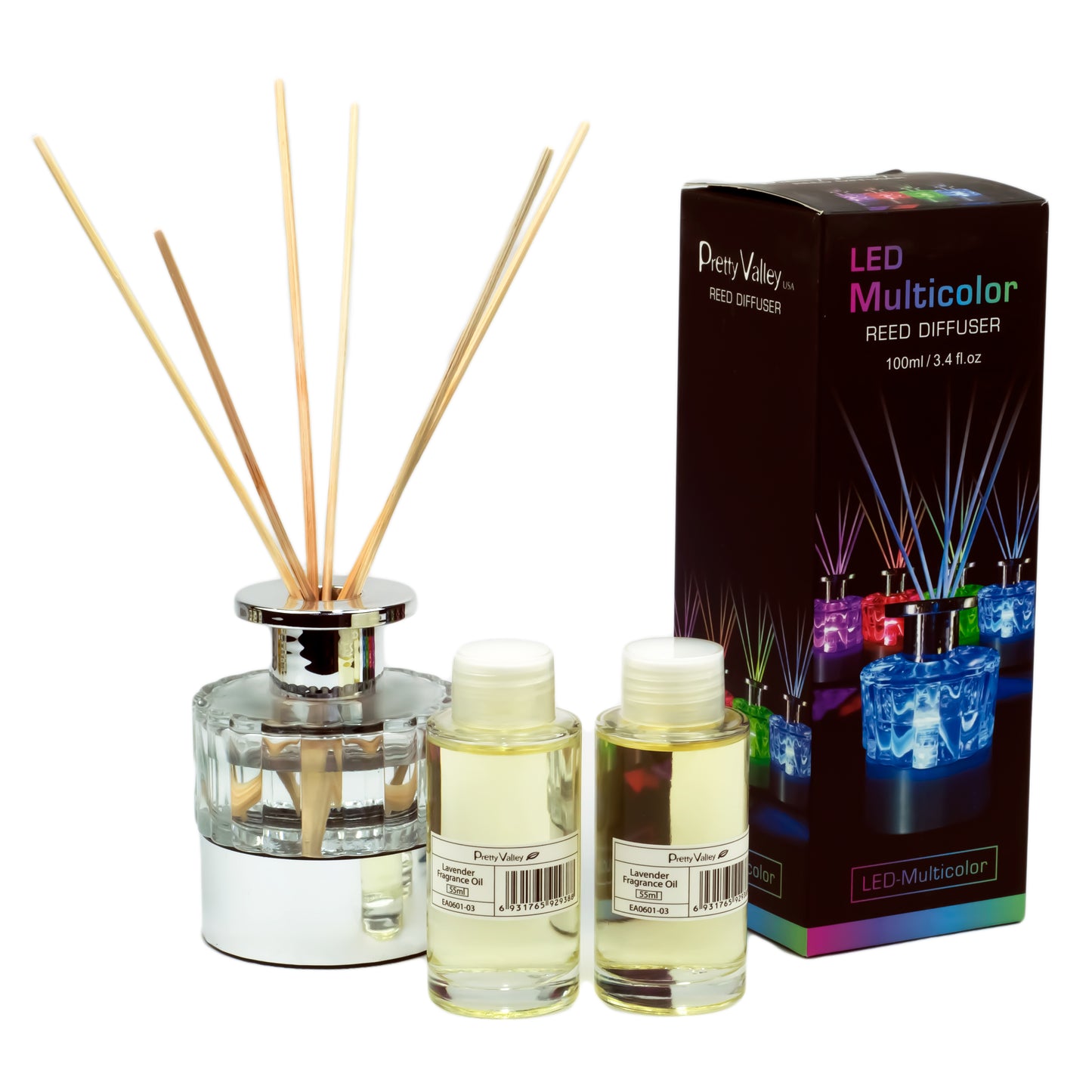 Pretty Valley Home LED Lighted Clear Round Glass Reed Fragrance Diffuser Lavender 110ml