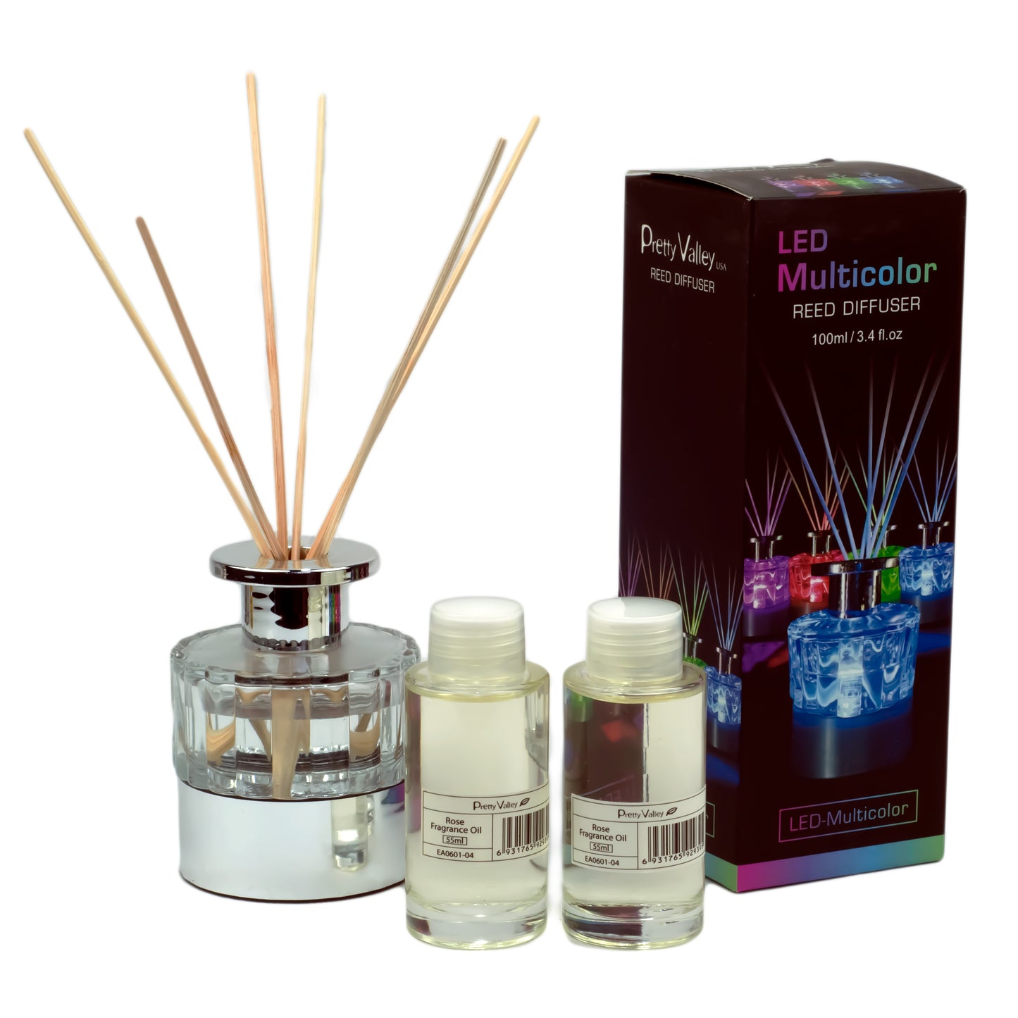 Pretty Valley Home LED Lighted Clear Round Glass Reed Fragrance Diffuser Rose 110ml