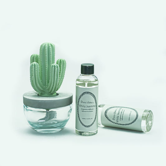 Pretty Valley Home Cactus Ceramic Flower Fragrance Diffuser Set White Jasmine 200ml