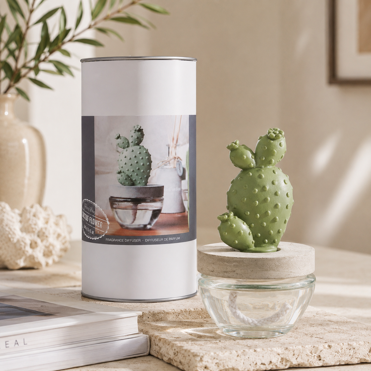 Pretty Valley Home Reed Diffuser Set Ceramic Cactus Fragrance Diffuser- 3.38 fl oz (100 ml), Home Fragrance Reed Diffuser for Bathroom Office Living Room Dining Table Decor - WHITE FLOWER
