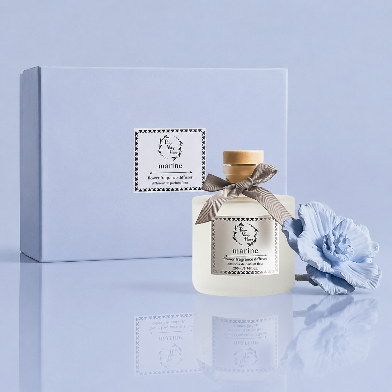Pretty Valley Home Blue Ceramic Flower Diffuser Gift Set – Marine Scent, 200ml Handmade Home Fragrance & Ocean-Inspired Gift for Her
