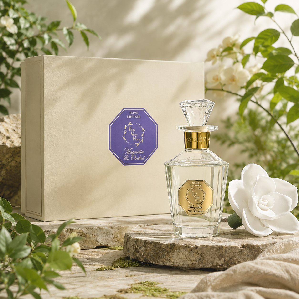 Pretty Valley Home Magnolia Orchid Ceramic Flower Reed Diffuser Gift Set – 200ml Handmade Home Fragrance, Elegant Ceramic Art & Perfect Gift for Her