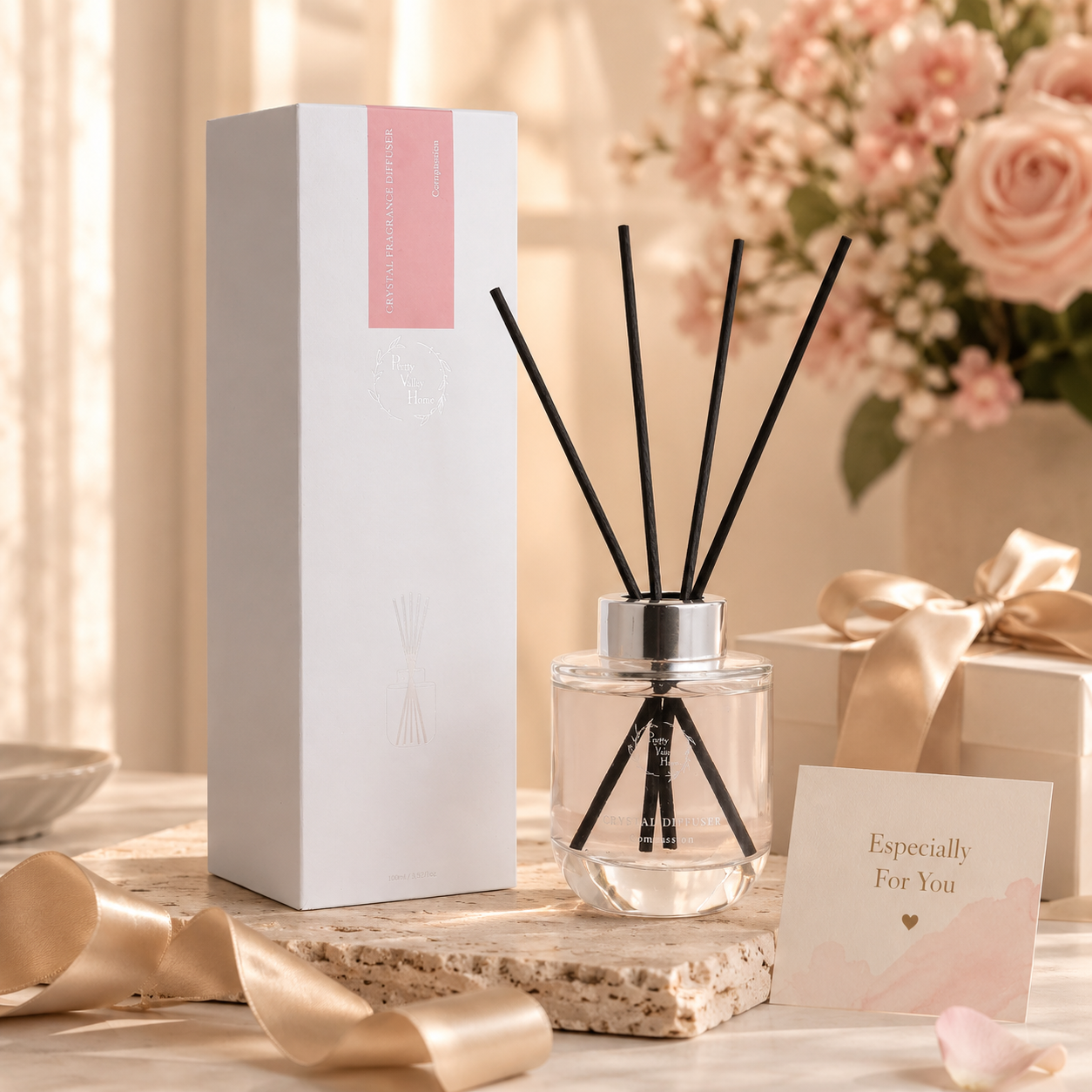 Pretty Valley Home Crystal Reed Diffuser with Rose Quartz – Compassion & Self-Love Home Fragrance, 100ml
