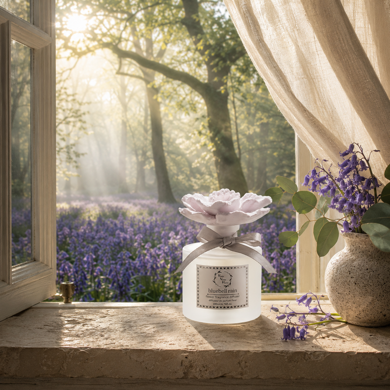 Pretty Valley Home Pink Ceramic Flower Diffuser Gift Set – Bluebell Rain Scent, 200ml Handmade Reed Diffuser for Home Décor & Perfect Gift
