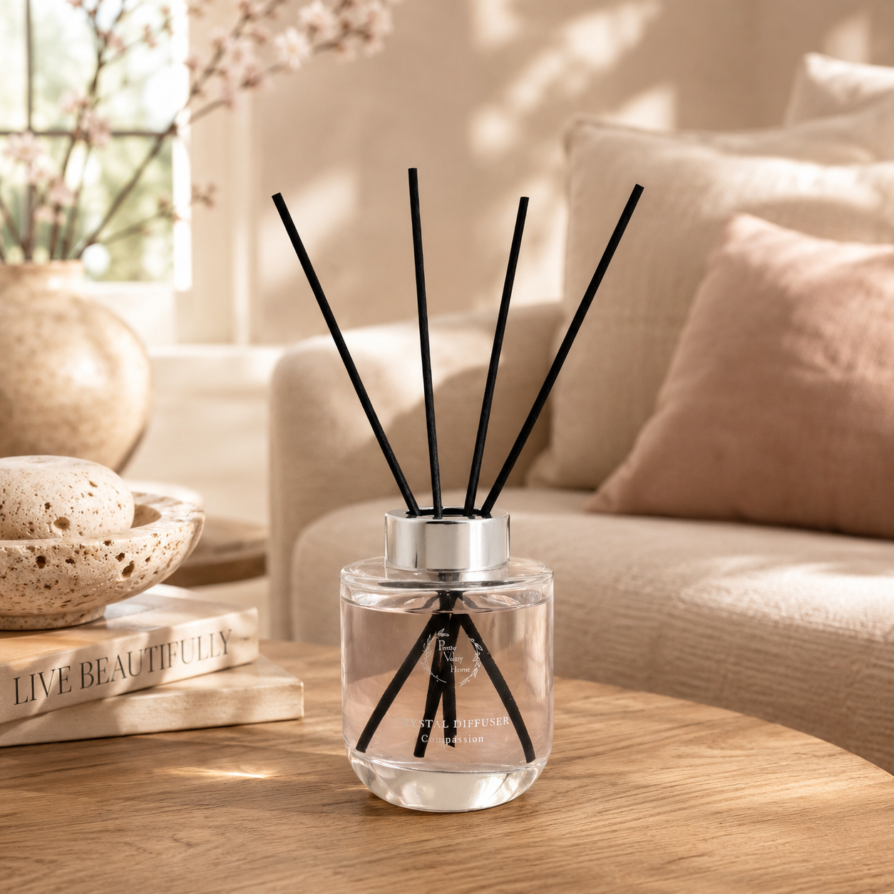 Pretty Valley Home Crystal Reed Diffuser with Rose Quartz – Compassion & Self-Love Home Fragrance, 100ml