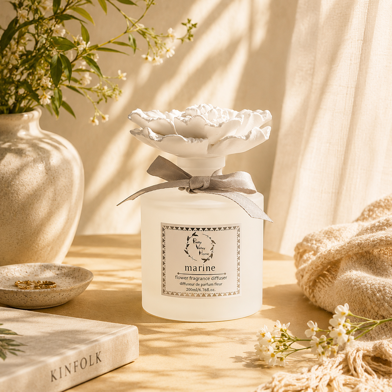 Pretty Valley Home Marine White Ceramic Flower Diffuser Gift Set – 200ml Ocean Breeze Handcrafted Porcelain Bloom for Elegant Home Fragrance