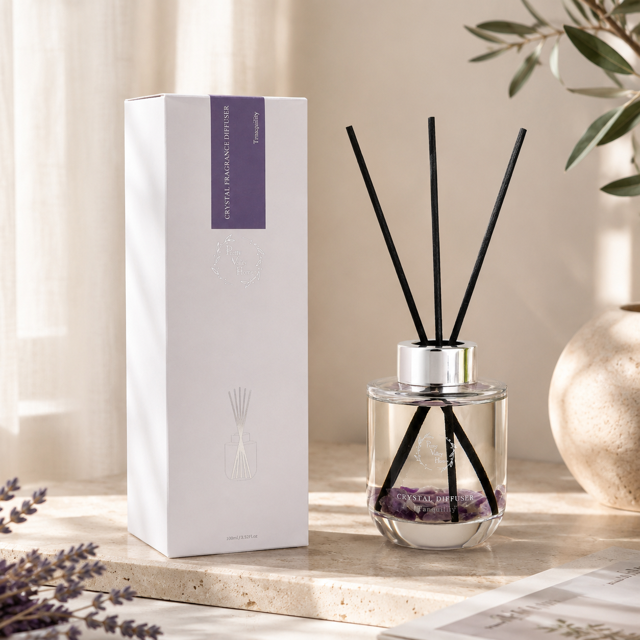 Pretty Valley Home Crystal Reed Diffuser - Tranquility Amethyst Stones