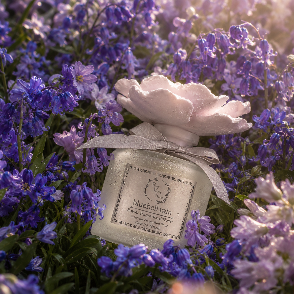 Pretty Valley Home Pink Ceramic Flower Diffuser Gift Set – Bluebell Rain Scent, 200ml Handmade Reed Diffuser for Home Décor & Perfect Gift