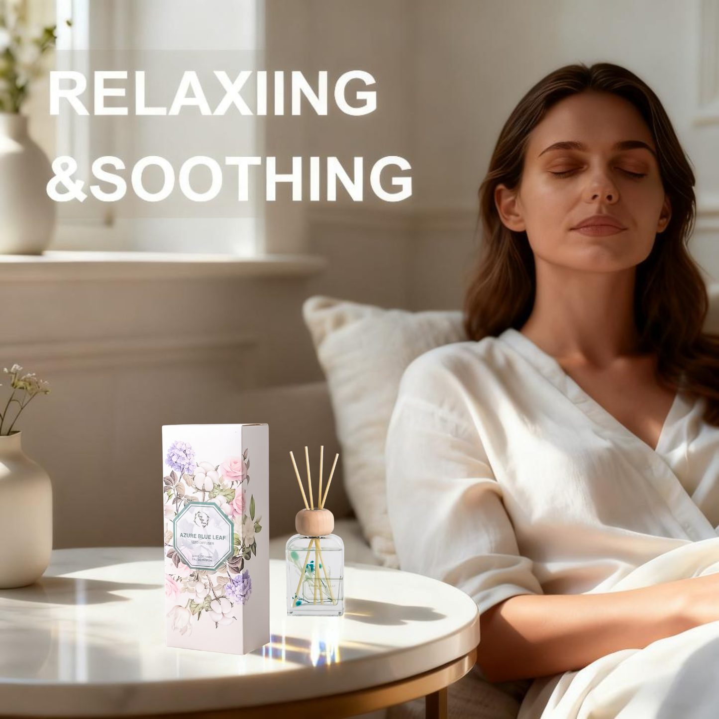 Pretty Valley Home Azure Blue Leaf Reed Diffuser Set, 3.4 fl oz – Refreshing Home Fragrance with Sticks  Oil Reed Diffuser for Bathroom Shelf & Living Room Décor