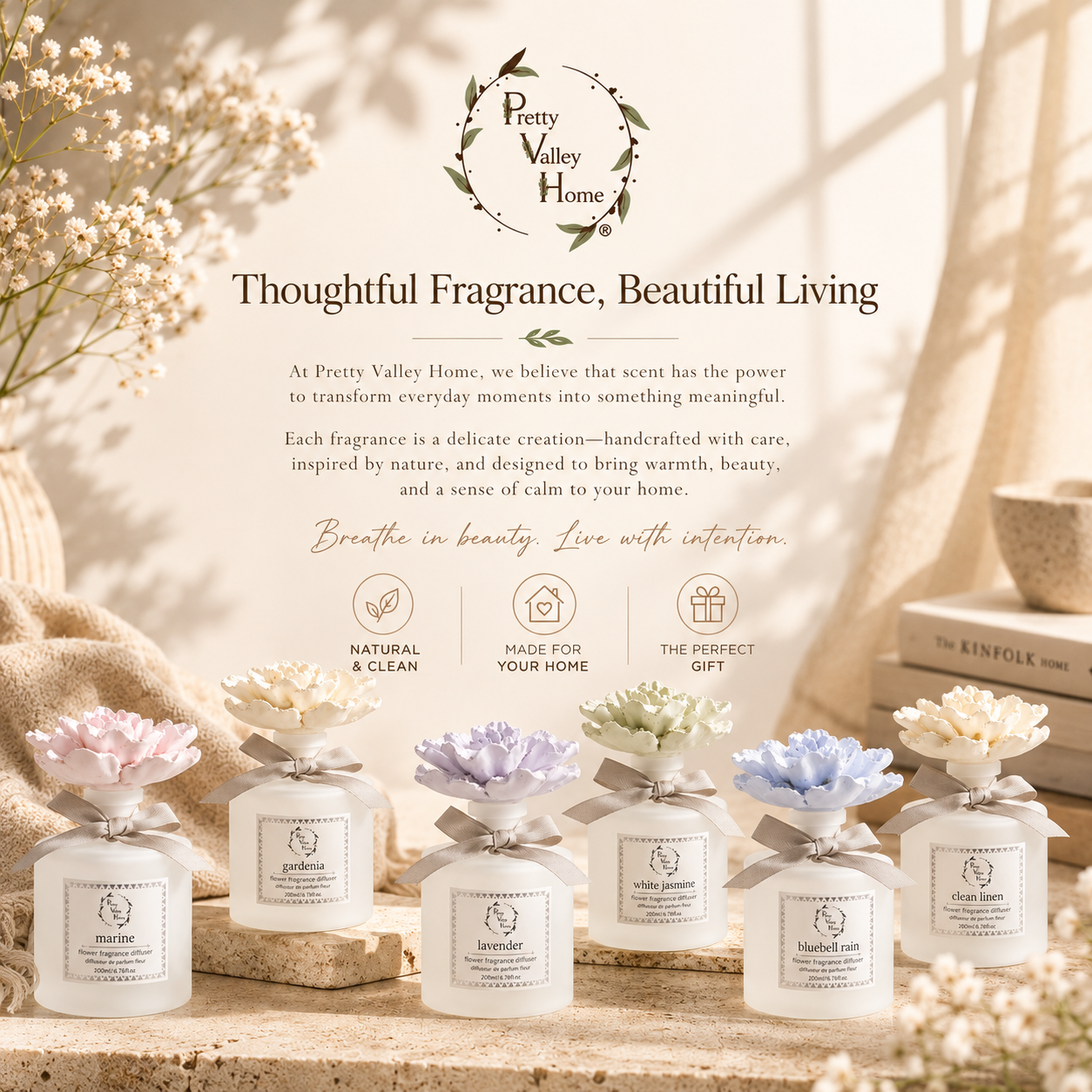 retty Valley Home White Ceramic Flower Diffuser Gift Set – Blue Rain Scent, 200ml Handmade Reed Diffuser & Elegant Home Gift for Her