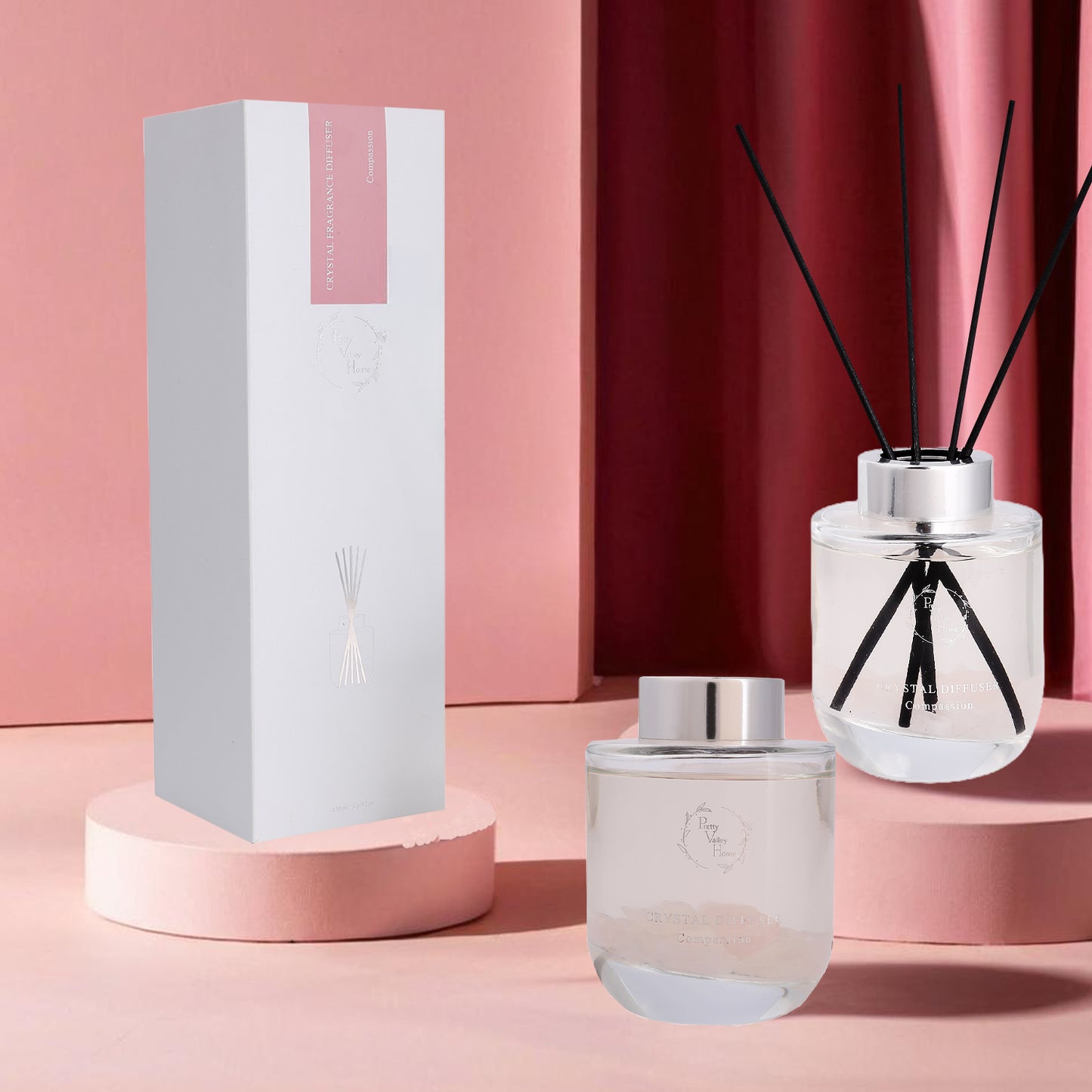 Pretty Valley Home Crystal Reed Diffuser - Compassion Rose Quartz