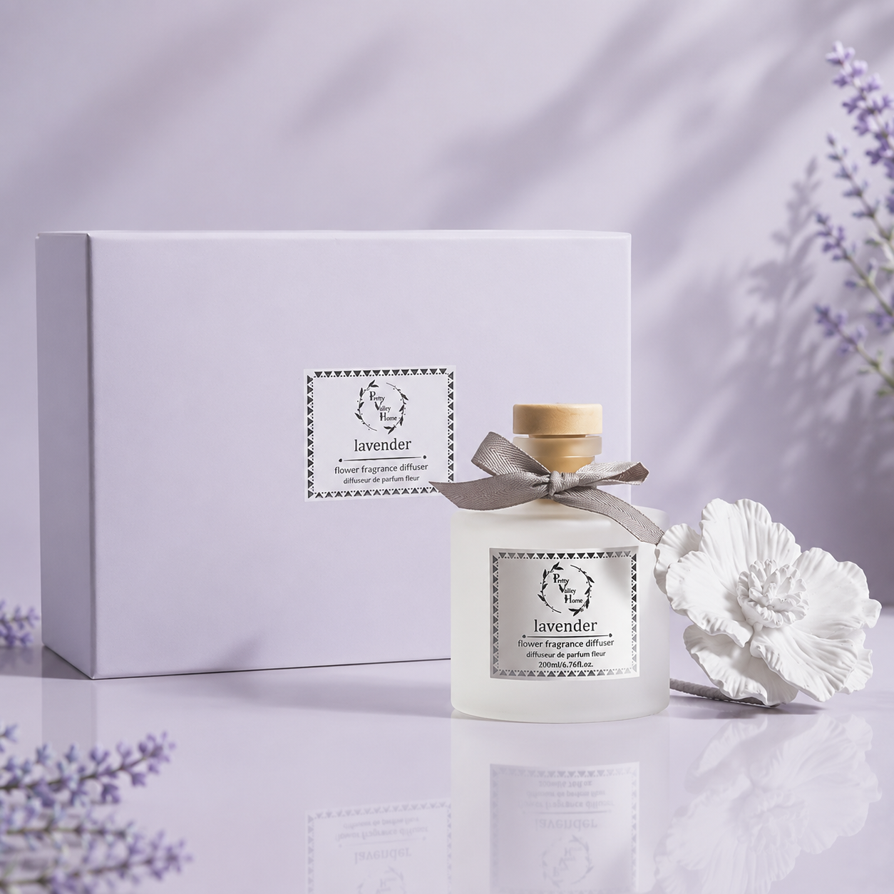 Pretty Valley Home Lavender White Ceramic Flower Diffuser Gift Set – 200ml Handcrafted Home Fragrance for Relaxation & Gifting