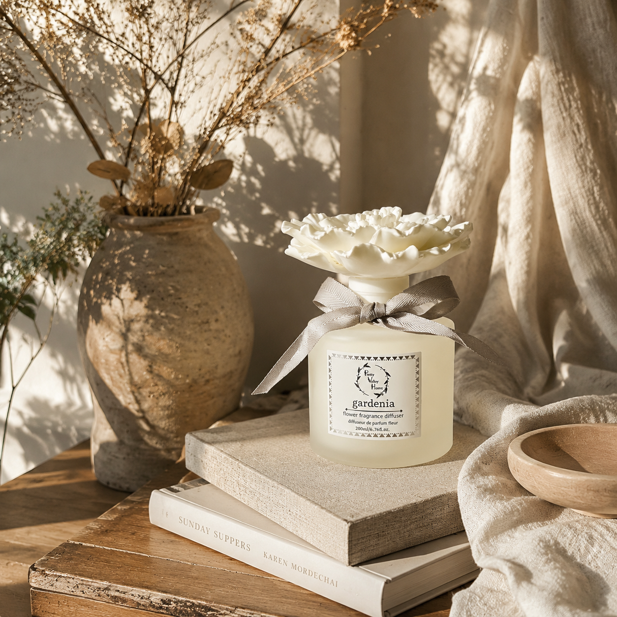 Pretty Valley Home Yellow Ceramic Flower Diffuser Gift Set – Gardenia Scent, 200ml Handmade Reed Diffuser & Elegant Floral Gift for Her