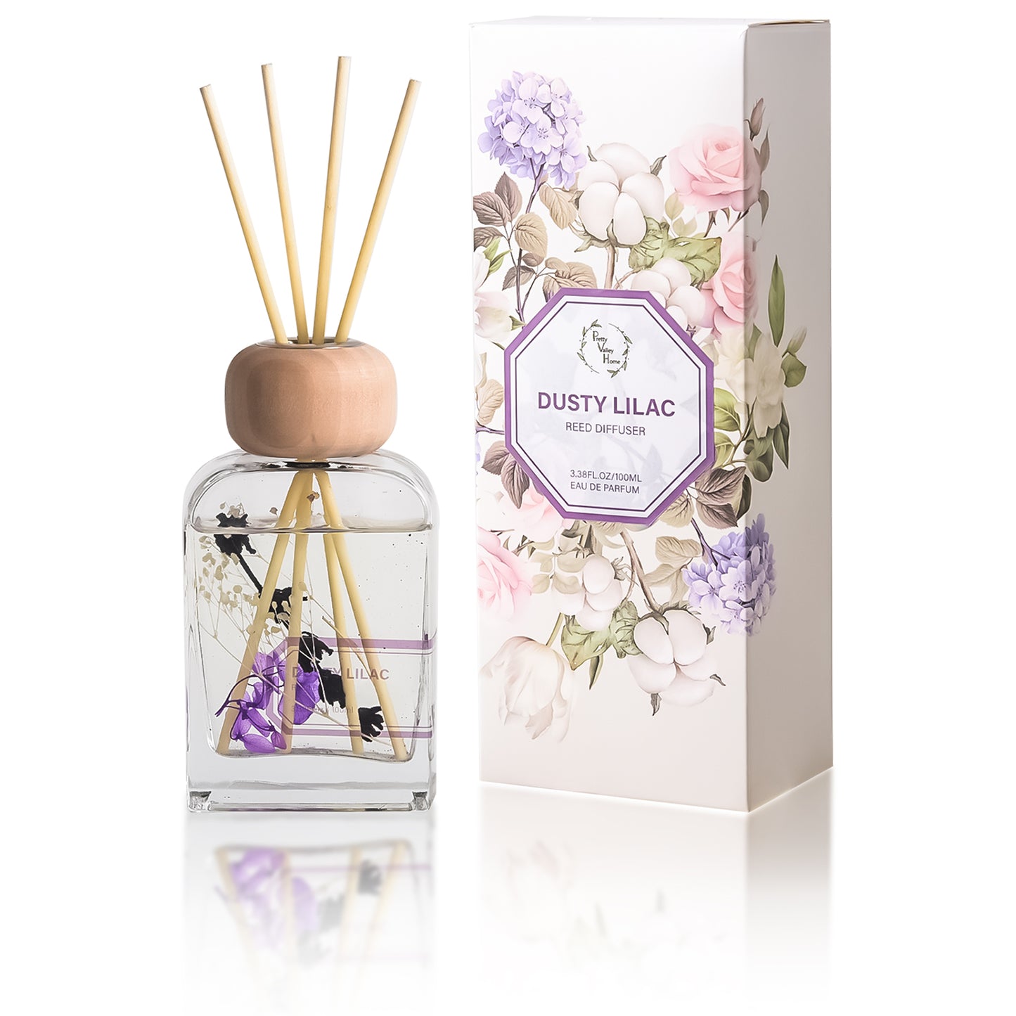Pretty Valley Home Dusty Lilac Reed Diffuser Set, 3.4 fl oz – Luxurious Home Fragrance with Sticks | Oil Reed Diffuser for Bathroom Shelf & Bedroom Décor