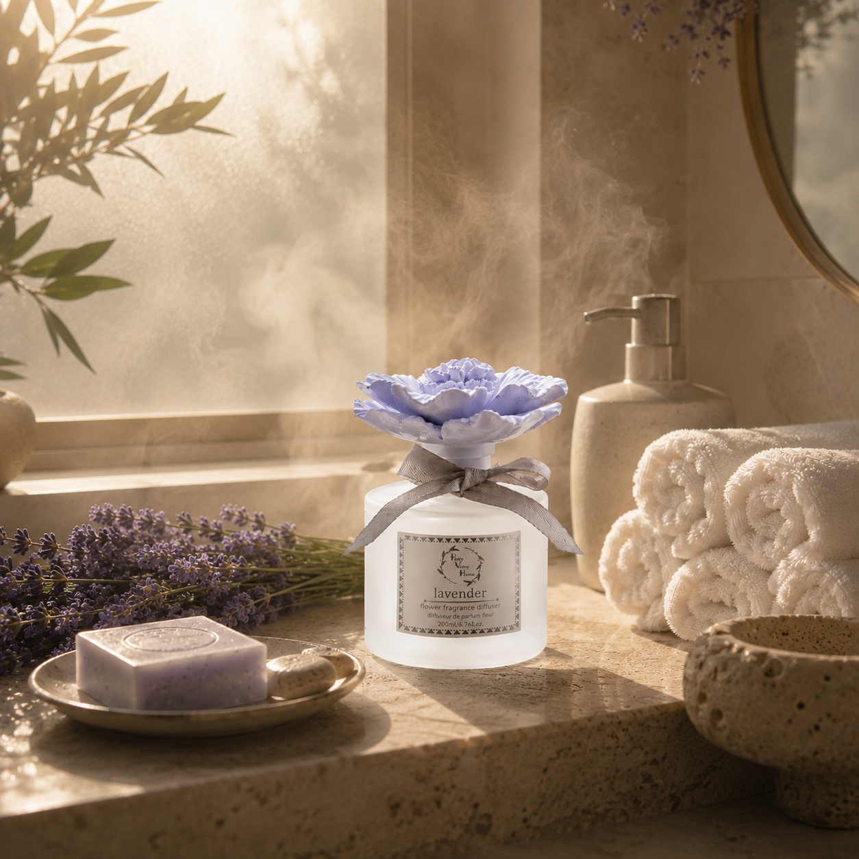 Pretty Valley Home Purple Ceramic Flower Diffuser Gift Set – Lavender Scent, 200ml Handmade Home Fragrance & Elegant Aromatherapy Gift