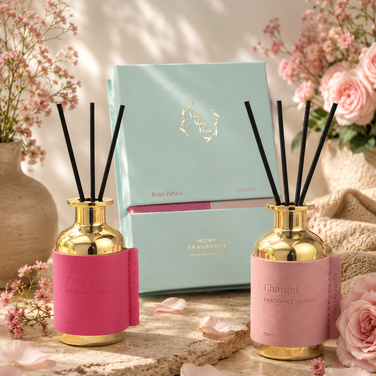 Pretty Valley Home Reed Fragrance Diffuser Set Rose Petals Chantel Combo