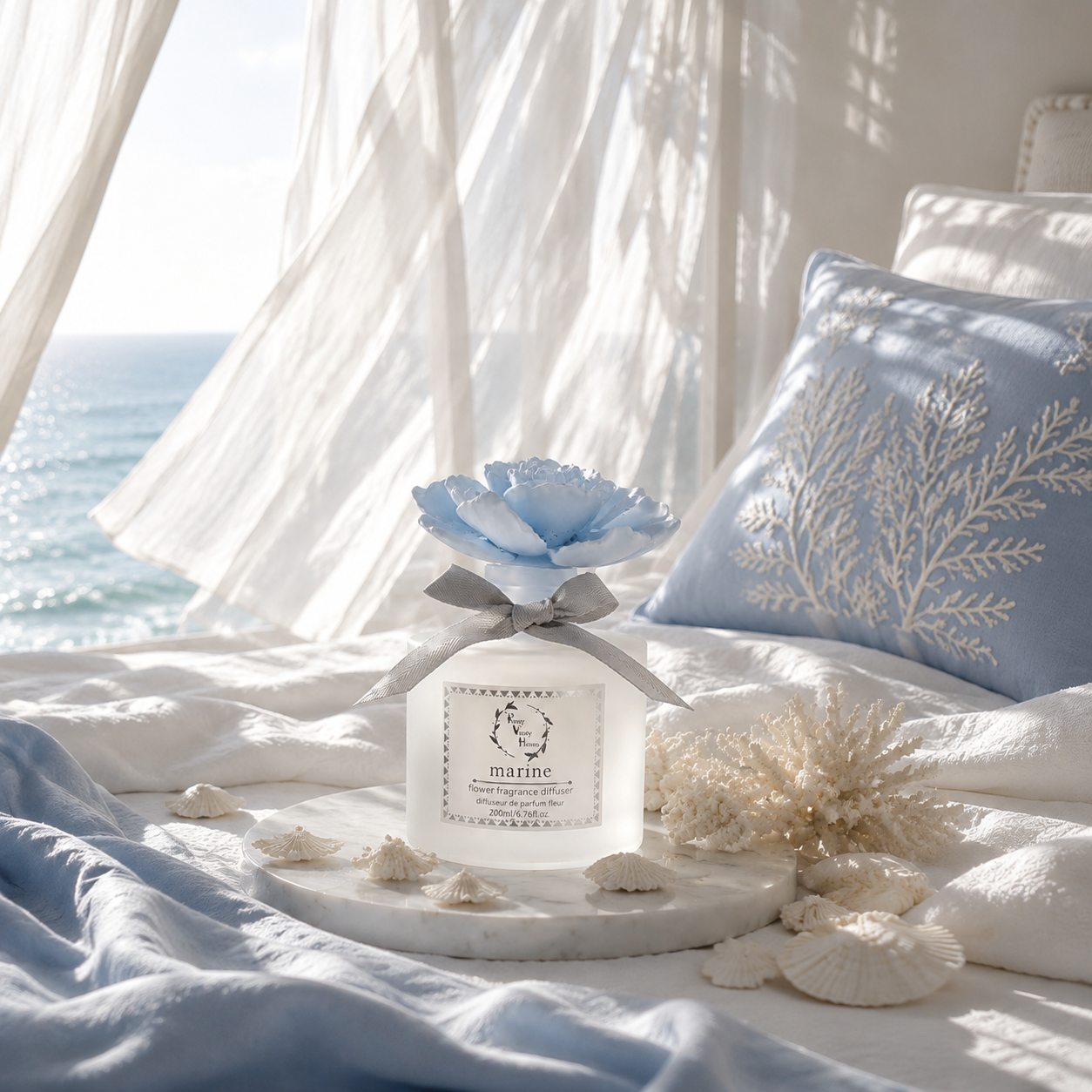 Pretty Valley Home Blue Ceramic Flower Diffuser Gift Set – Marine Scent, 200ml Handmade Home Fragrance & Ocean-Inspired Gift for Her